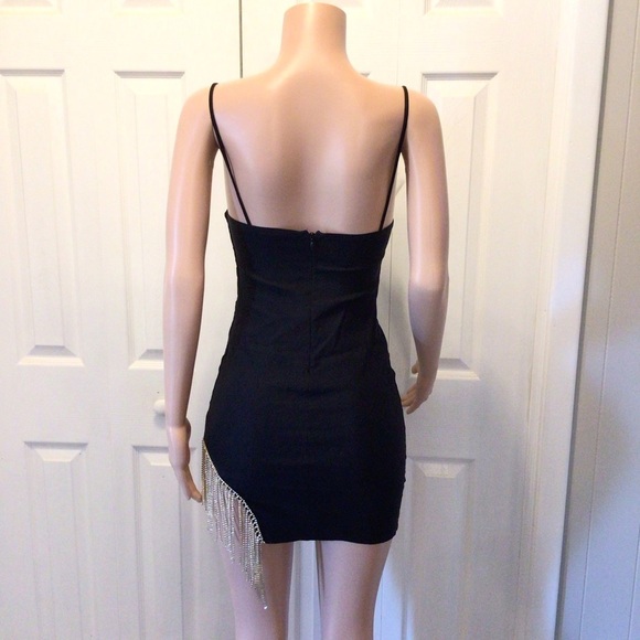 Papaya Womens Black Rhinestone Tasseled Mini Bodycon Dress Size Medium - Picture 7 of 8